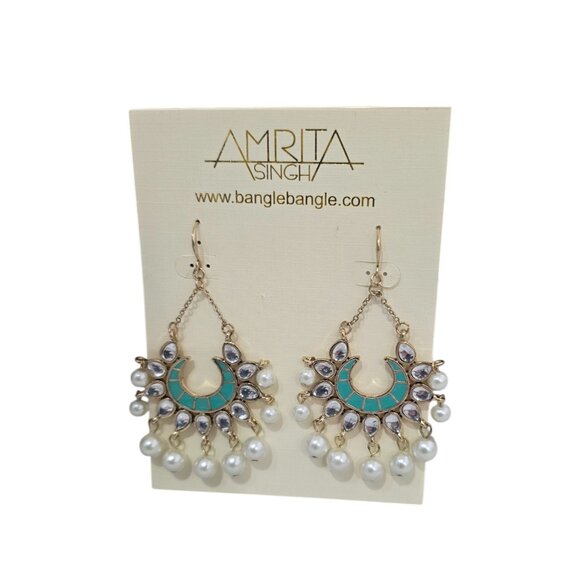Amrita Singh Women's Gold Plated Resin Turquoise Enamel Chandelier Earrings NWT - Picture 2 of 4